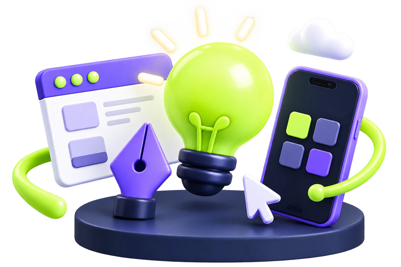 Ilustrasi kreativitas: bohlam lime, desain web, dan aplikasi mobile